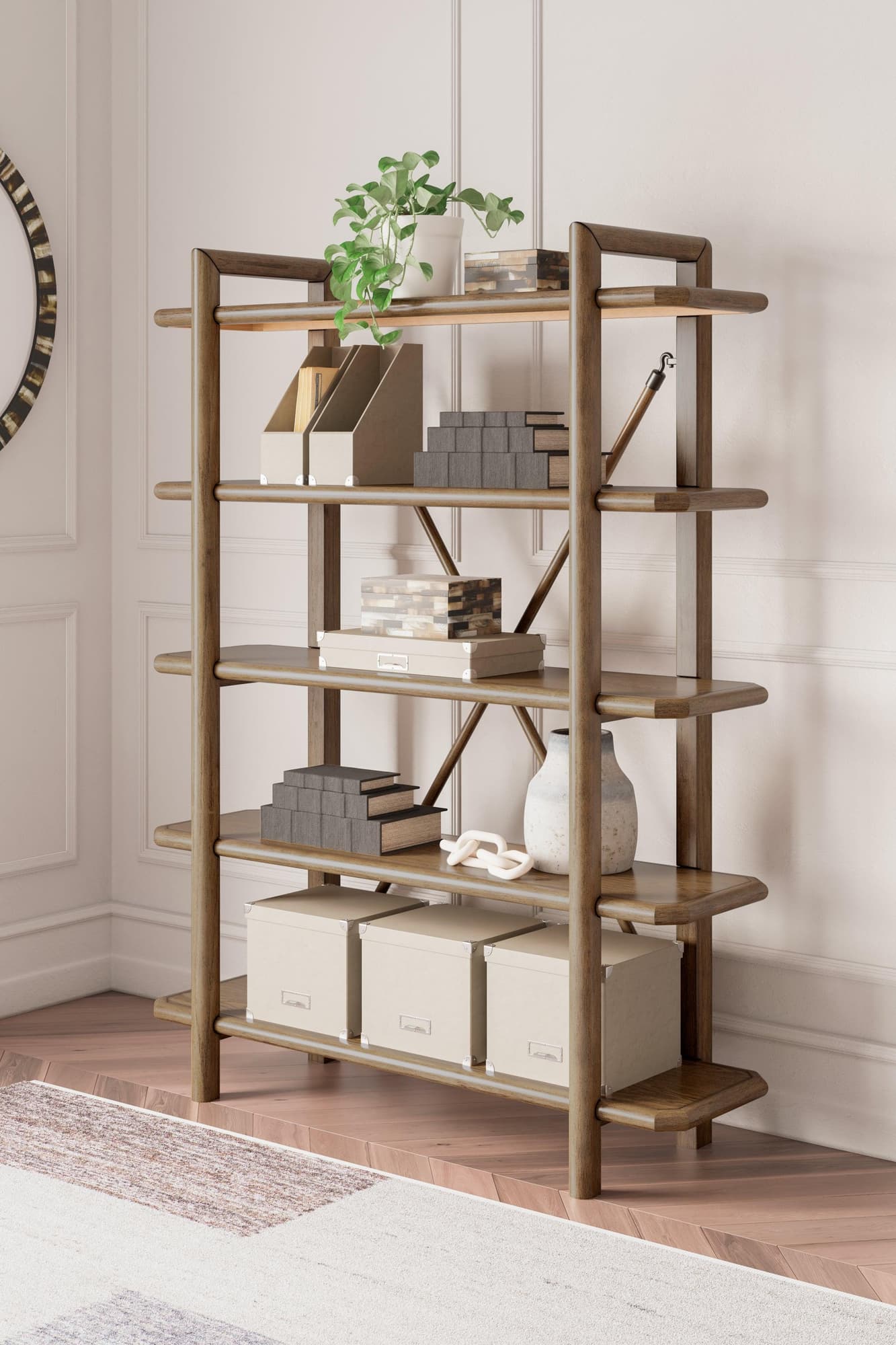Roanhowe 71-inch brown oak bookcase angled view