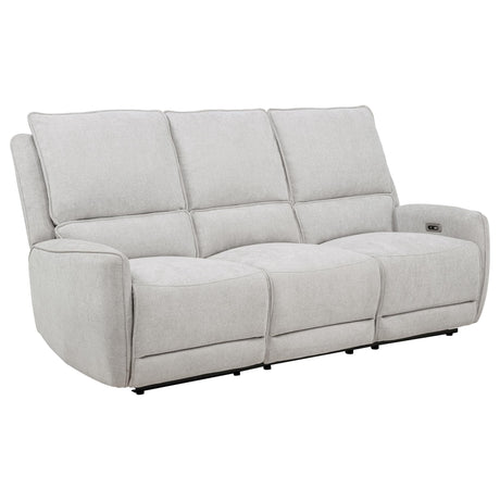 Sylmar chenille upholstered power reclining sofa in dove grey, front view