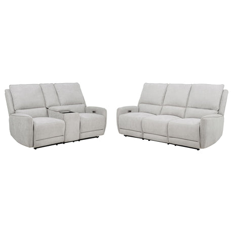 Sylmar 2-piece chenille power reclining sofa set in dove grey, front angle view