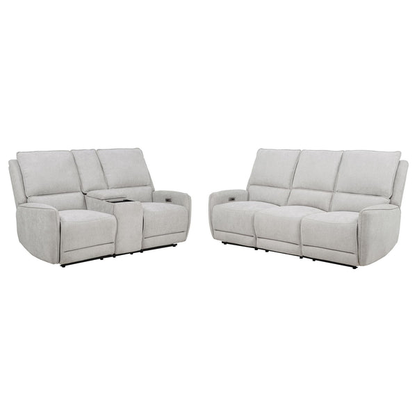 Sylmar 2-piece chenille power reclining sofa set in dove grey, front angle view