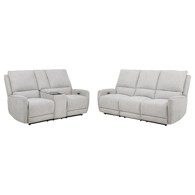 Sylmar 2-piece chenille power reclining sofa set in dove grey, front angle view