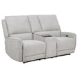 Sylmar chenille upholstered power reclining loveseat in dove grey, front view