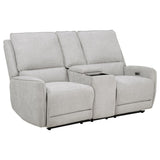 Sylmar chenille upholstered power reclining loveseat in dove grey, front view