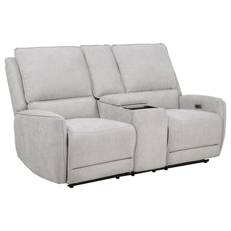 Sylmar chenille upholstered power reclining loveseat in dove grey, front view