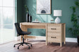 Battelle 60 inch tan desk front view with chevron pattern and drawer open