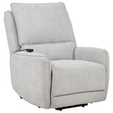 Sylmar dove grey chenille upholstered dual power lift recliner, front angle