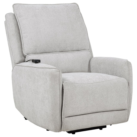 Sylmar dove grey chenille upholstered dual power lift recliner, front angle