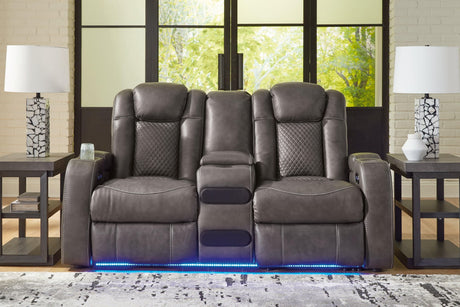 Fyne-Dyme Shadow Faux Leather Power Reclining Loveseat with Console front view