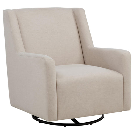 Sorrel latte fabric upholstered swivel glider arm chair front view