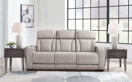 Boyington gray leather power reclining sofa front angle
