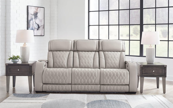 Boyington gray leather power reclining sofa front angle