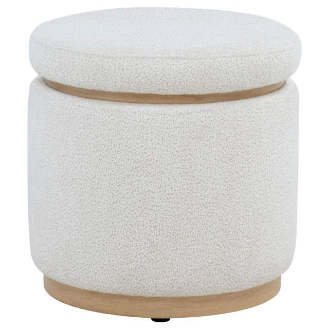 Remuda Ivory Boucle Upholstered Round Storage Ottoman front angle view