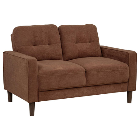 Bowen II rust fabric upholstered track arm loveseat front angle
