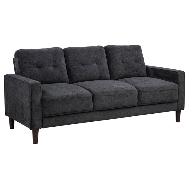 Bowen II steel grey fabric upholstered track arm sofa front view