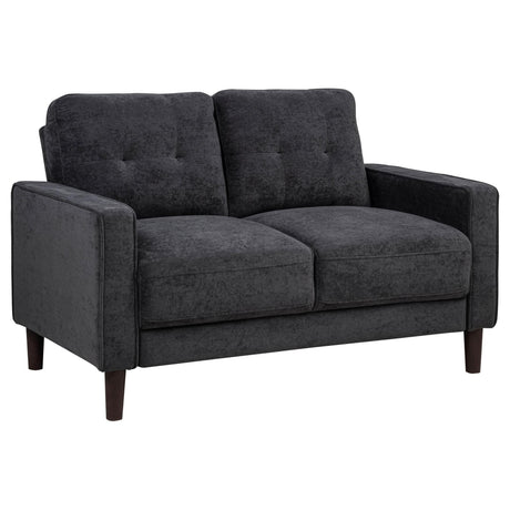 Bowen II loveseat front view in steel grey fabric upholstery