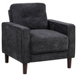 Bowen II steel grey fabric upholstered track arm accent chair front angle