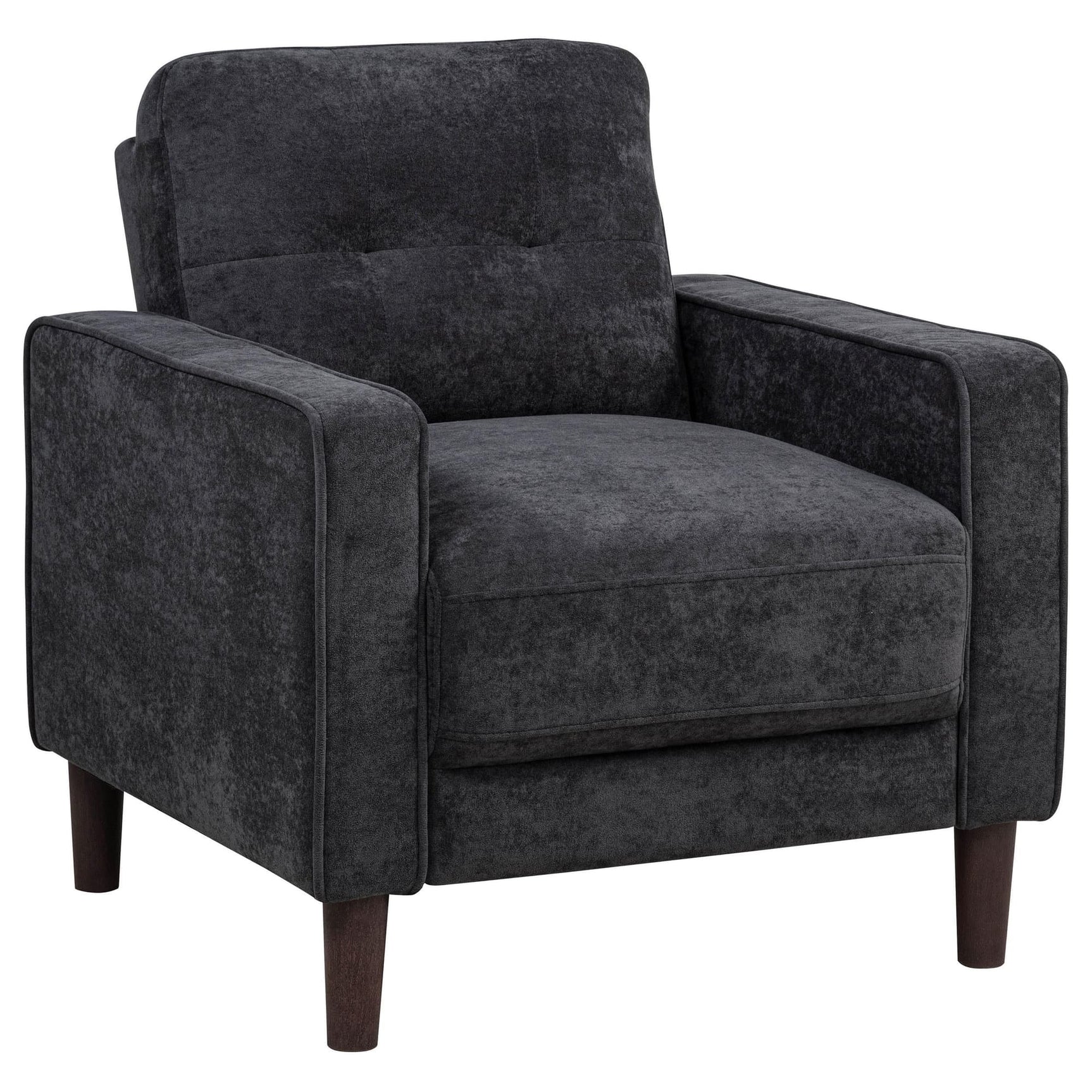 Bowen II steel grey fabric upholstered track arm accent chair front angle