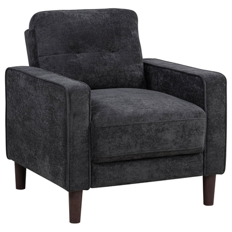 Bowen II steel grey fabric upholstered track arm accent chair front angle