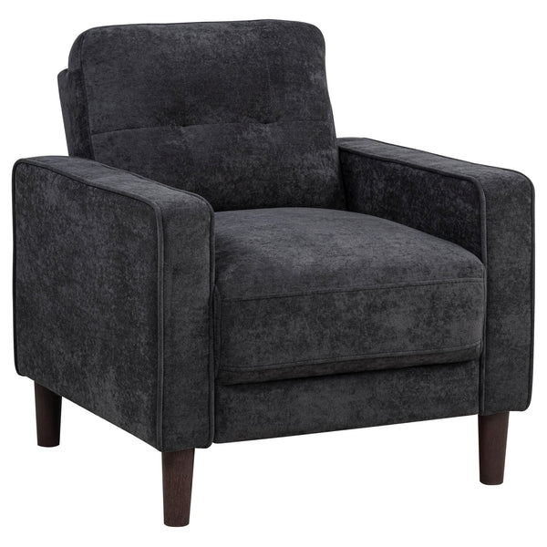 Bowen II steel grey fabric upholstered track arm accent chair front angle