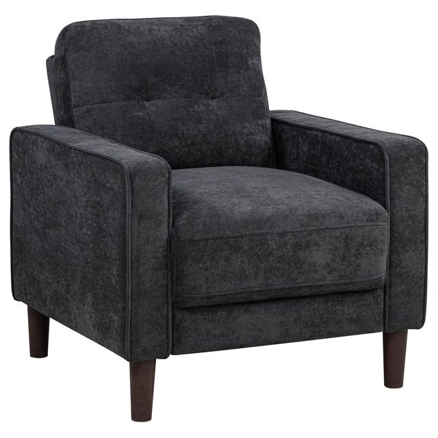 Bowen II steel grey fabric upholstered track arm accent chair front angle