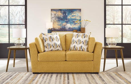 Keerwick Sunflower Chenille Loveseat front angle showing plush cushions and pillows