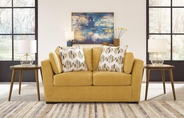 Keerwick Sunflower Chenille Loveseat front angle showing plush cushions and pillows
