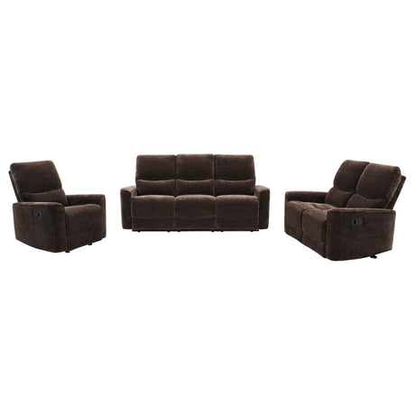 Navarro 3-piece dark brown upholstered reclining sofa set frontal view