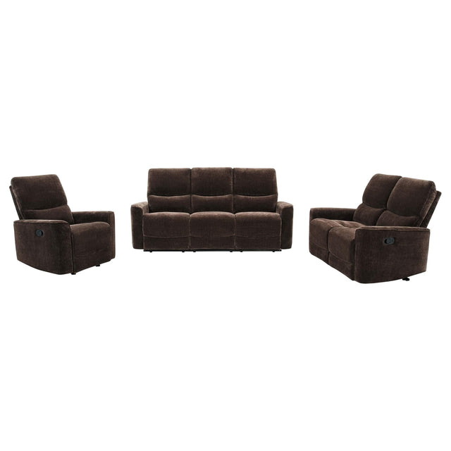 Navarro 3-piece dark brown upholstered reclining sofa set frontal view
