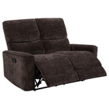 Navarro chenille reclining loveseat front view in dark brown