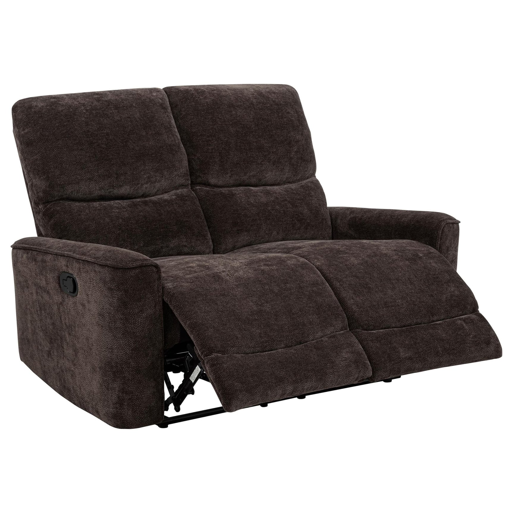 Navarro chenille reclining loveseat front view in dark brown