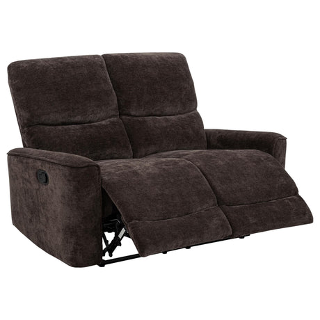 Navarro chenille reclining loveseat front view in dark brown