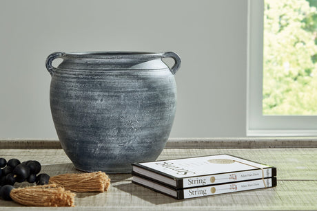 Meadie Terracotta Vase in distressed blue, front view