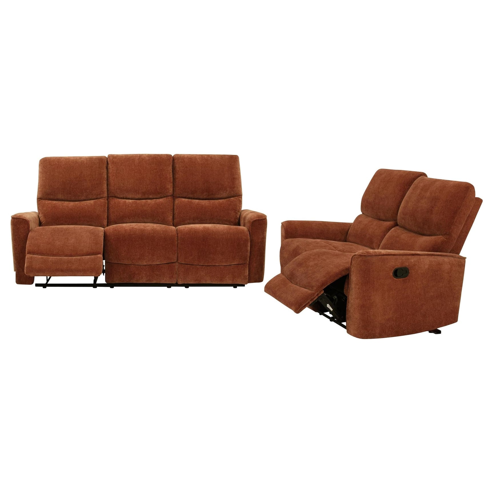 Navarro reclining sofa set in vibrant orange chenille, front view
