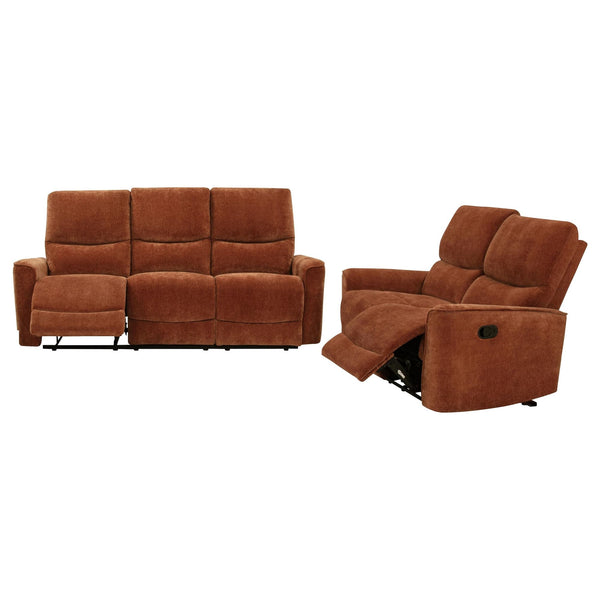 Navarro reclining sofa set in vibrant orange chenille, front view