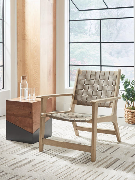Jameset Taupe leather accent chair front angle view