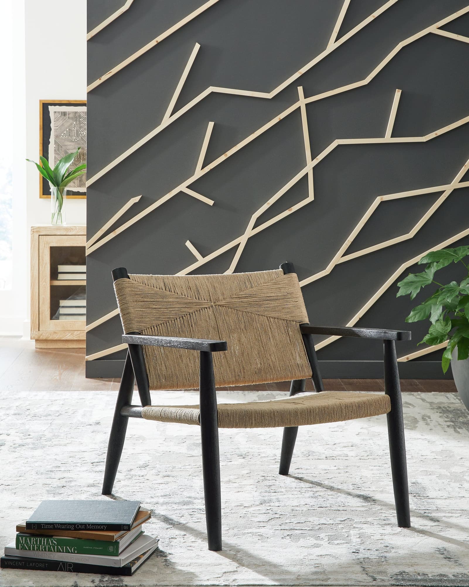 Halfmore black and natural jute accent chair front view