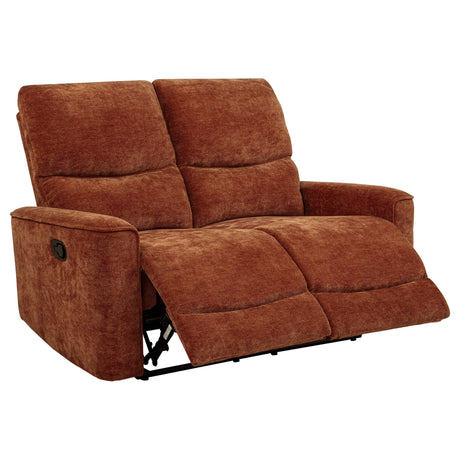 Navarro burnt orange chenille reclining loveseat front view