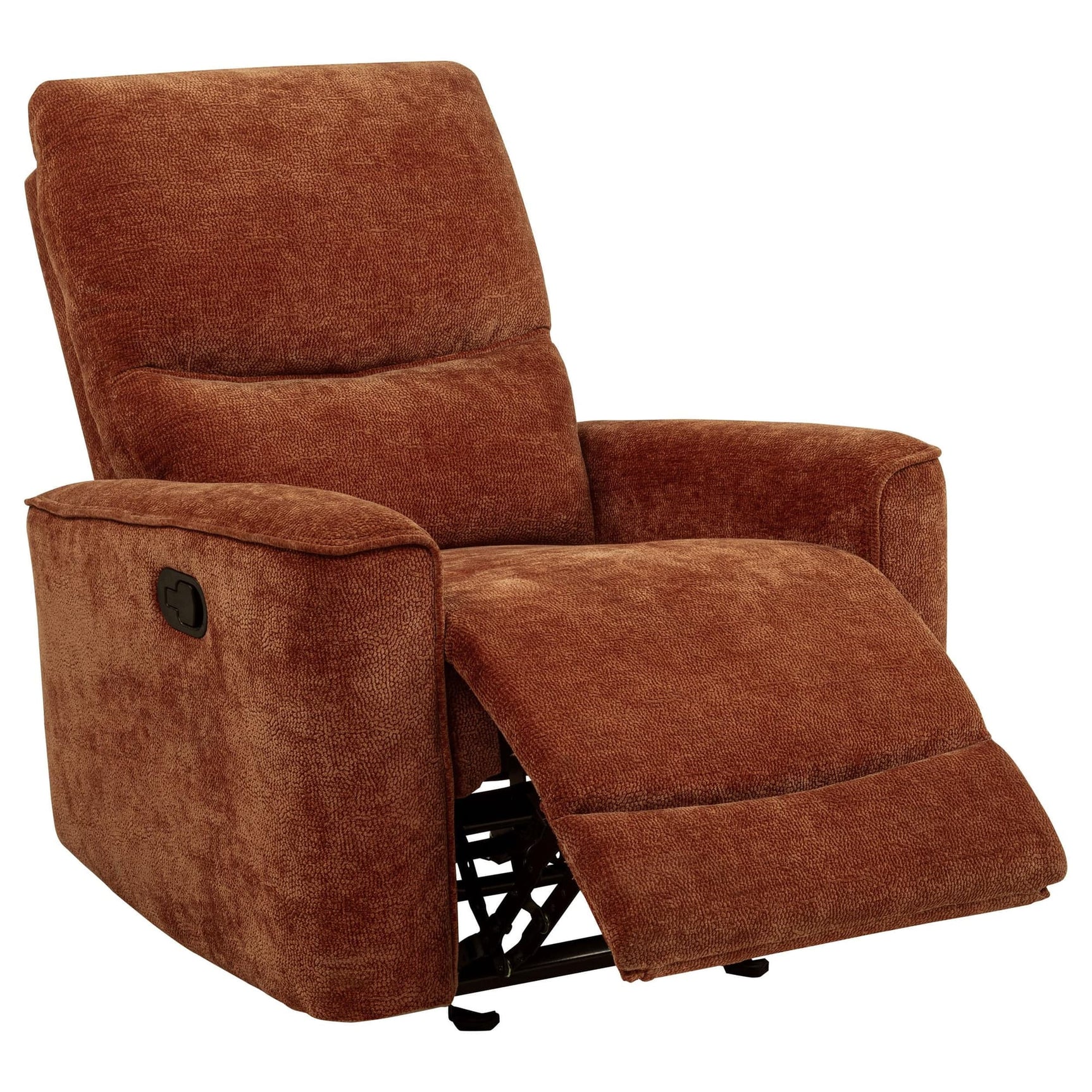 Navarro Chenille Upholstered Glider Recliner in burnt orange front view