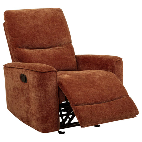 Navarro Chenille Upholstered Glider Recliner in burnt orange front view