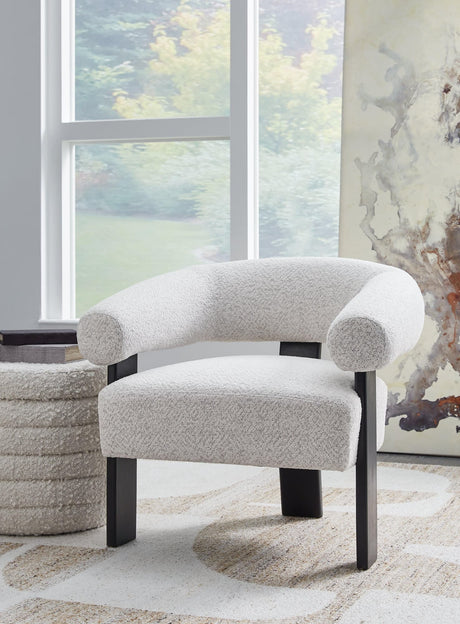 Dultish Snow Accent Chair front side angle showing barrel back and seat cushion