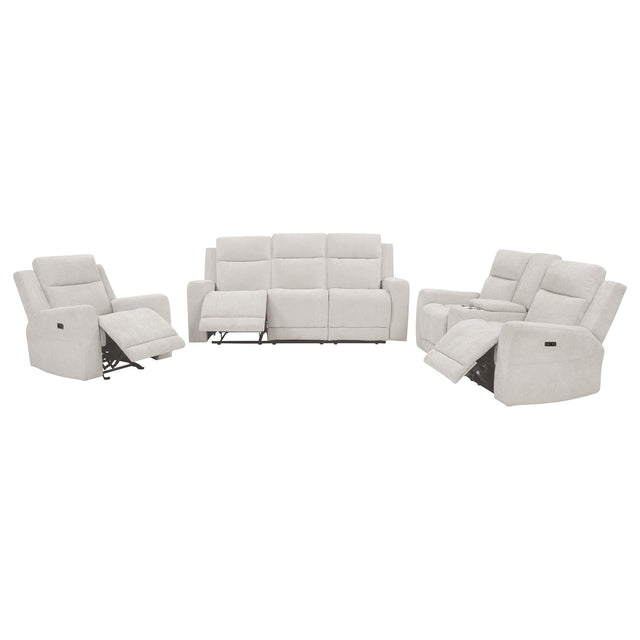 Kennett 3-piece Ivory Chenille Power Reclining Sofa Set front view