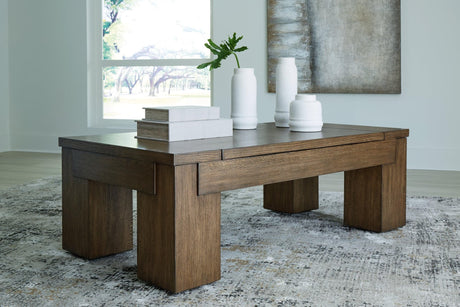 Rosswain Warm Brown Lift-top Coffee Table, front view showing lift-top closed