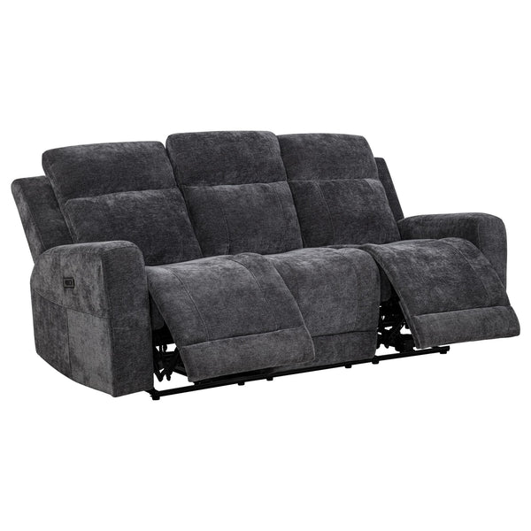 Kennett Chenille Upholstered Power Reclining Sofa front view in dark grey chenille