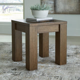 Rosswain Warm Brown End Table - front angle showing wireless charging surface