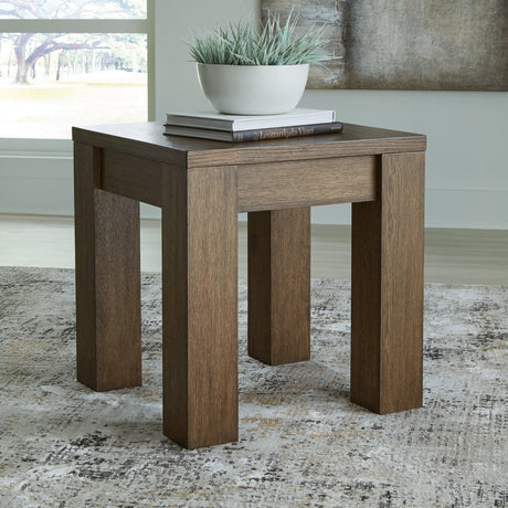 Rosswain Warm Brown End Table - front angle showing wireless charging surface