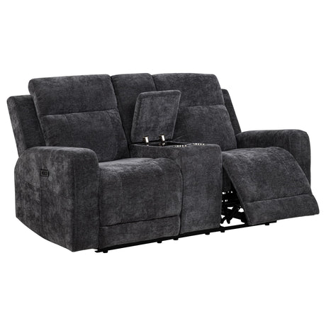 Kennett chenille power reclining loveseat in grey, front angle
