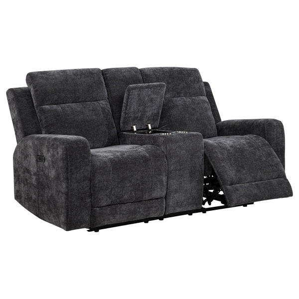Kennett chenille power reclining loveseat in grey, front angle