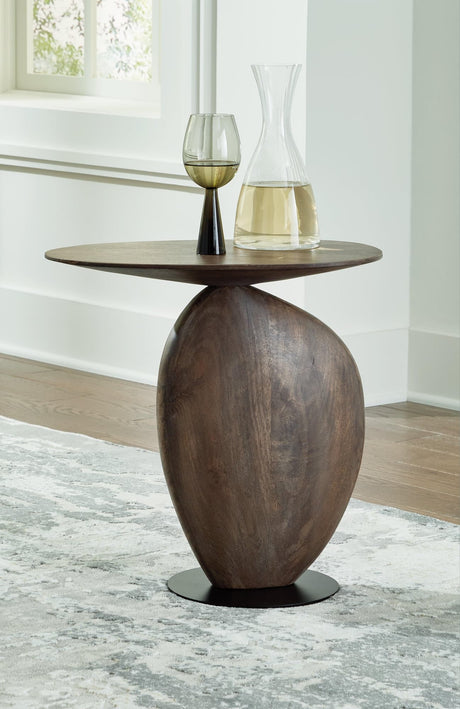 Cormmet round accent table in brown mango wood and black metal base, front view