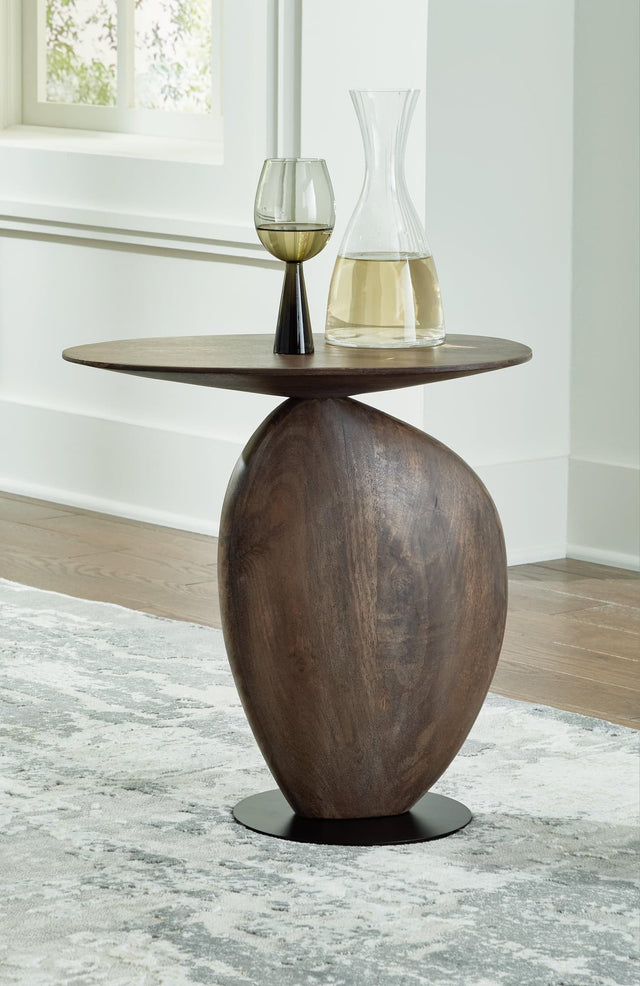 Cormmet round accent table in brown mango wood and black metal base, front view