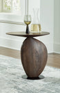 Cormmet round accent table in brown mango wood and black metal base, front view